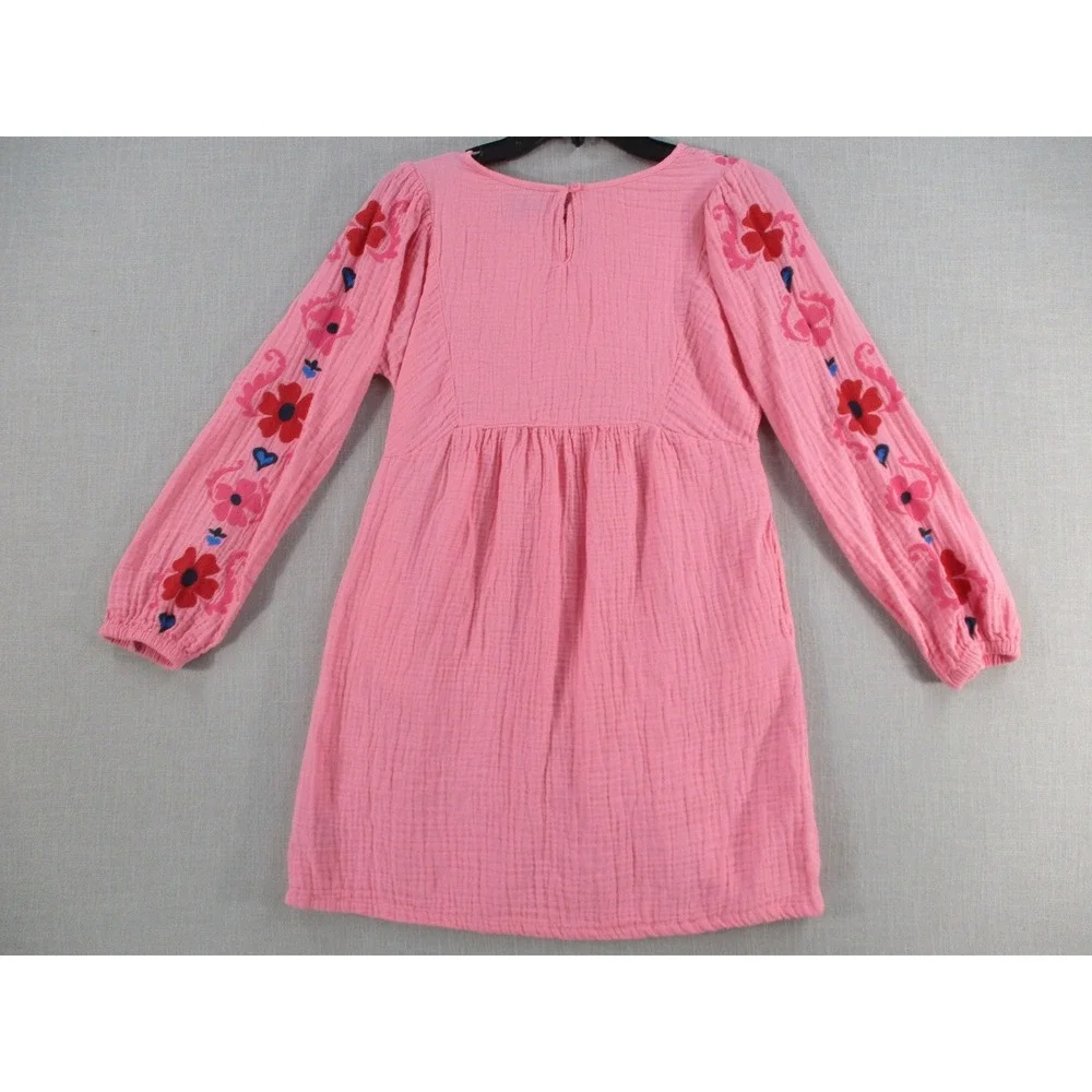 Old Navy Girls Pink Crinkle Gauze Embroidered Floral Long Sleeve Dress XL 14-16